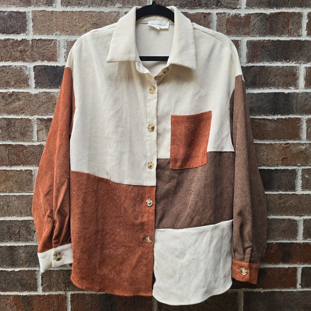 Lovely Melody Patchwork Colorblock Corduroy Shirt Jacket Shacket Large
